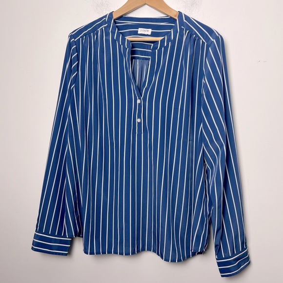 J. Crew Blue White Stripe Long Sleeve Button Popover Shirt Preppy Fall 2024 - Picture 2 of 12